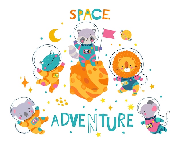 Los niños de los animales de la aventura espacial imprimen astronautas en trajes León divertido y koala volando con planetas y estrellas Lindo fondo vectorial infantil hoy en día de la ilustración de la aventura de la astronomía cosmonauta