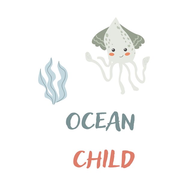 Niños animales marinos medusas fondo con palabras elementos náuticos