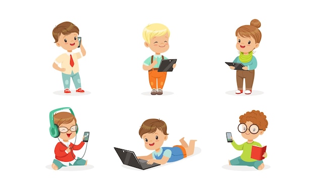Niños con aparatos modernos ilustración vectorial sobre un fondo blanco
