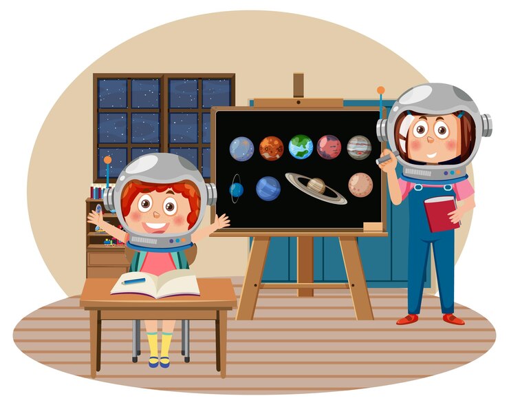 Vector niños aprendiendo astronomía en el aula.