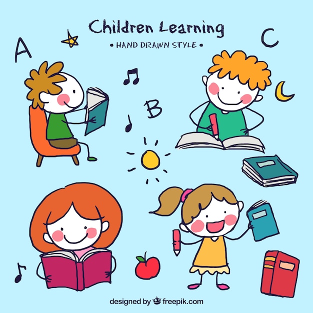 Niños aprendiendo dibujados a mano