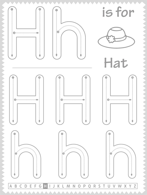 Niños aprendiendo la hoja de trabajo de rastreo del alfabeto con la letra y el vocabulario H