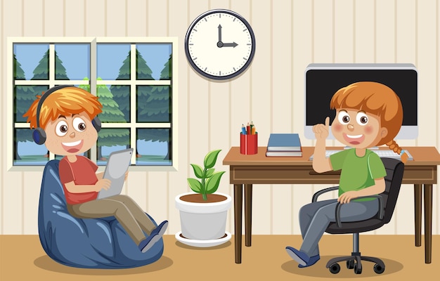 Niños aprendiendo en línea en casa