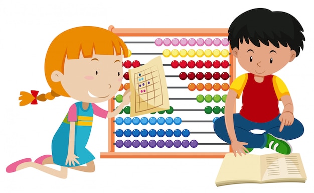 Niños aprendiendo matemáticas con ábaco