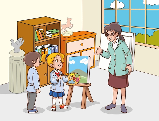 Niños aprendiendo a pintar en una clase de arte con su maestra
