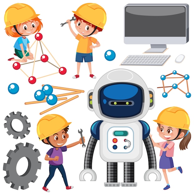 Vector niños aprendiendo tecnología con herramientas.