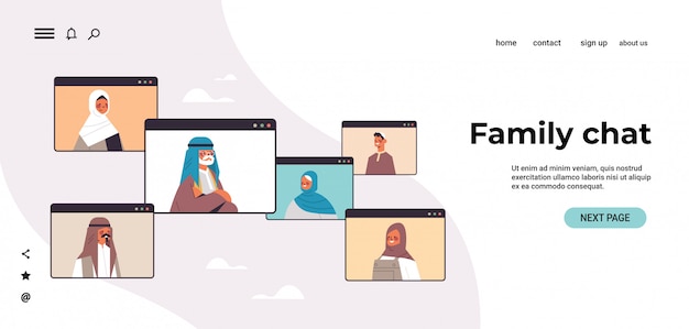 Vector niños árabes padres y abuelos discutiendo durante la videollamada chat familiar concepto de comunicación en línea personas árabes chateando en el navegador web ventanas retrato horizontal copia espacio illustr
