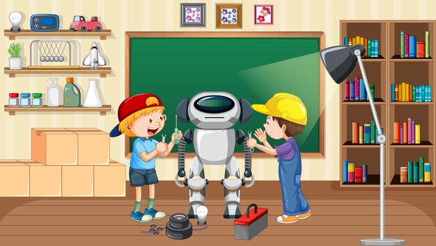 Niños arreglando un robot juntos en la escena de la habitación.