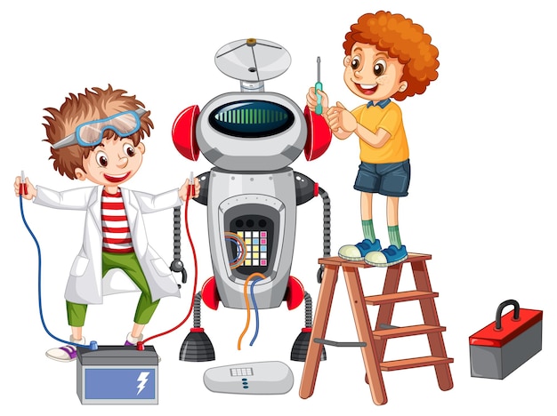 Vector niños arreglando un robot juntos.