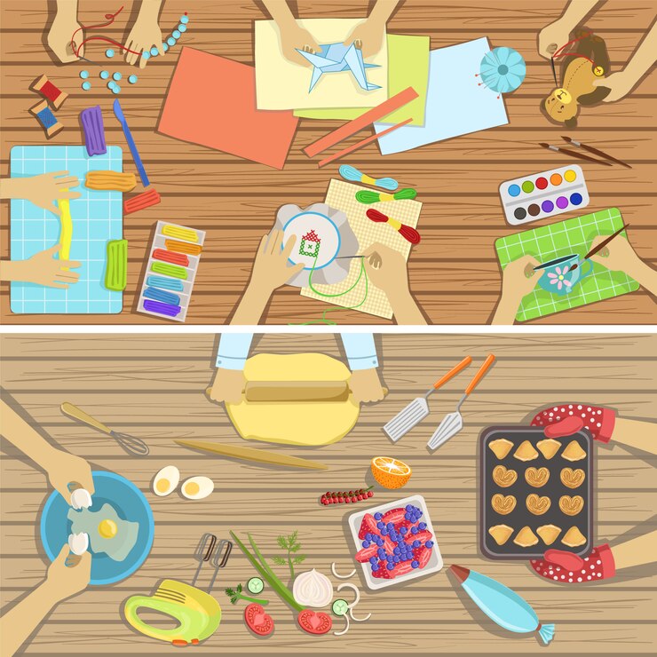 Vector niños artesanía y cocina ilustraciones de clase dos con solo las manos visibles desde arriba del tabl