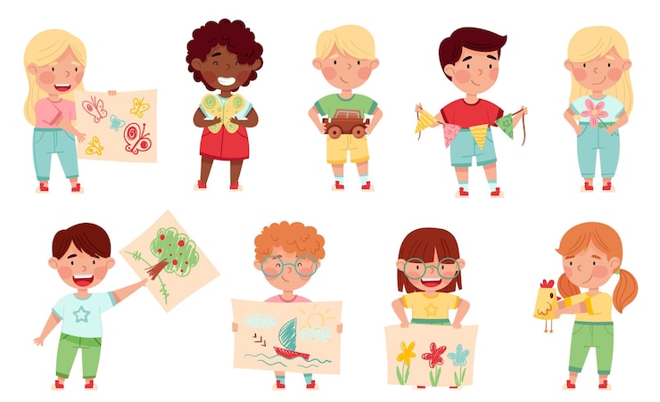 Vector niños artistas mostrando su artículo hecho a mano y dibujando un conjunto vectorial