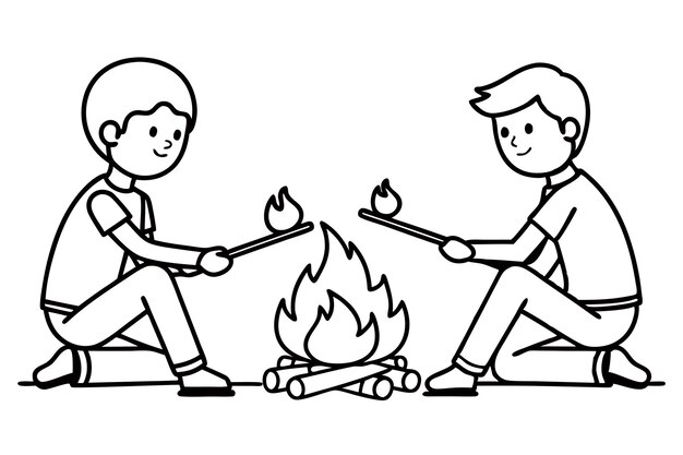 Niños asando marshmallows sobre una línea de fuego de campamento Ilustración de arte