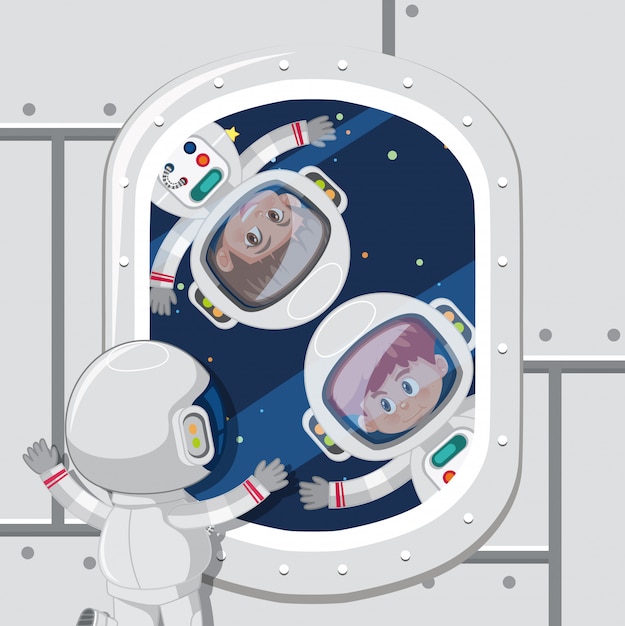 Vector niños astronautas en el espacio.