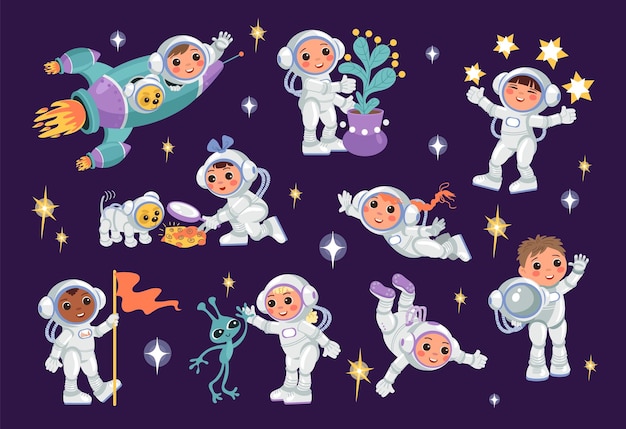 Niños astronautas Niños pequeños y niñas cosmonautas Niños felices en el espacio ultraterrestre con perro o planta Los personajes del astronauta vuelan en cohetes cósmicos Estrellas y extraterrestres Conjunto de exploradores del universo vectorial