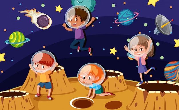 Vector niños astronautas en un planeta