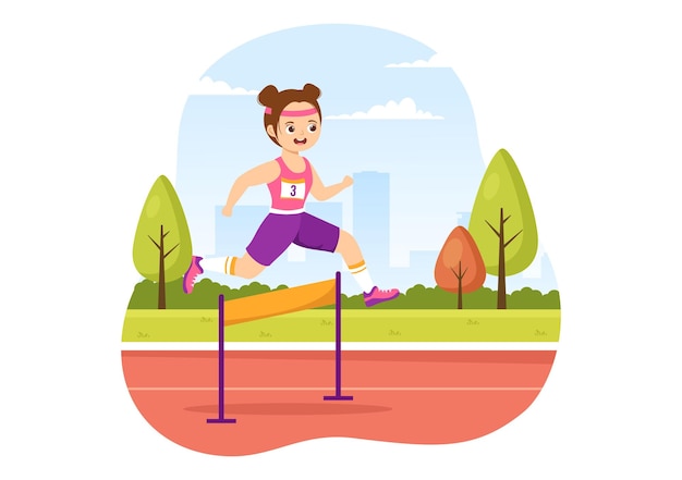 Niños Atleta Correr Obstáculo Salto largo Deportista Juego Ilustración en Obstáculo Correr para Web Banner