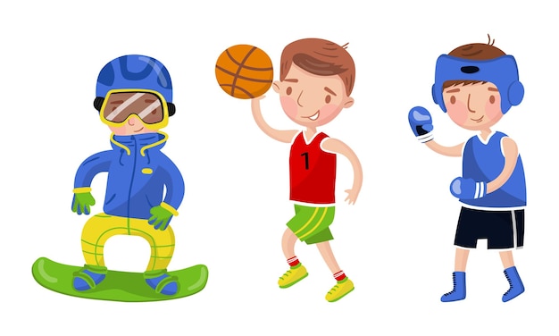 Niños atletas snowboarder jugador de baloncesto boxeador en uniforme ilustración vectorial
