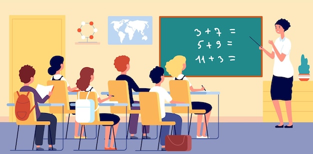 Vector niños en el aula. maestro de escuela, niño niña en lección en la habitación. enseñanza de las matemáticas, ciencia y educación ambiental ilustración vectorial. escuela de educación en el aula, clase niño y niña.