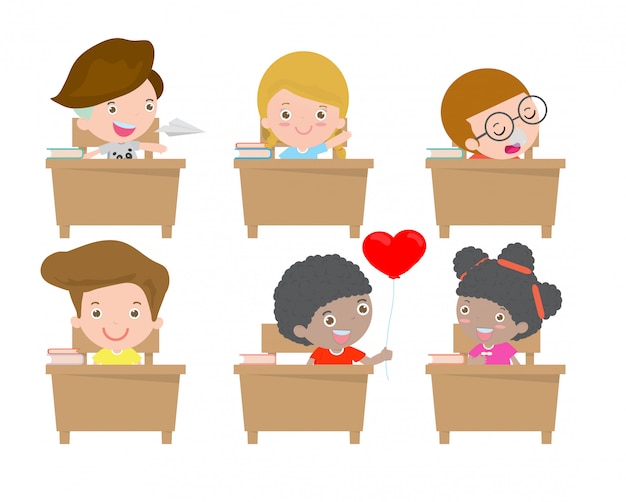 Niños en el aula, niños en el aula, niños que estudian en el aula, pequeños escolares, sentados en los escritorios, regreso a la escuela,