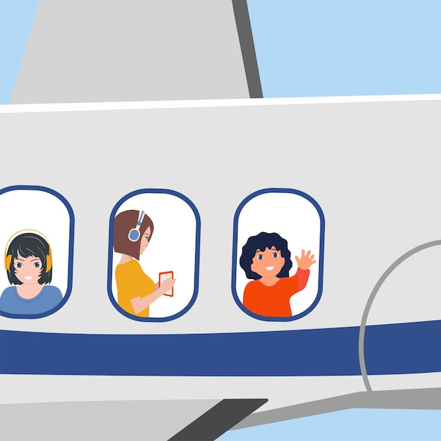 Los niños con auriculares vuelan en un avión. sus rostros son visibles en el ojo de buey. un viaje divertido. adolescentes a bordo. los pasajeros miran por la ventana durante el vuelo. dibujos animados de ilustración vectorial.