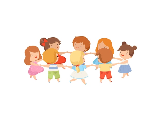Niños bailando en círculo tomados de la mano Bonitos niños y niñas felices jugando juntos Ilustración vectorial de dibujos animados sobre fondo blanco