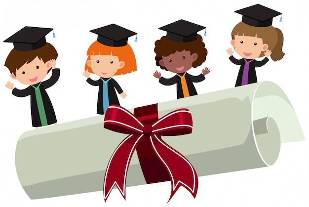 Vector niños con bata de graduación y diploma de rollo