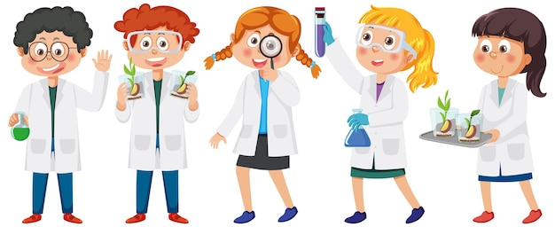 Vector niños con batas de laboratorio