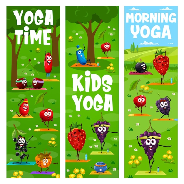 Niños y bayas de dibujos animados de yoga matutino en fitness