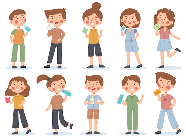 Los niños beben jugo de agua de leche o té para niños con bebidas Niños sedientos sosteniendo botellas de bebidas conjunto de ilustraciones vectoriales Los niños beben agua
