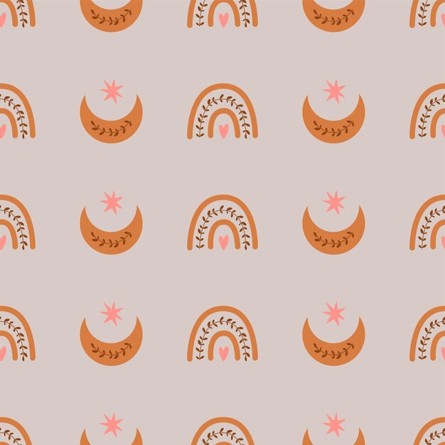 Niños boho arco iris patrón Lindo simple pastel arco iris luna Bebé boho fondo Vector