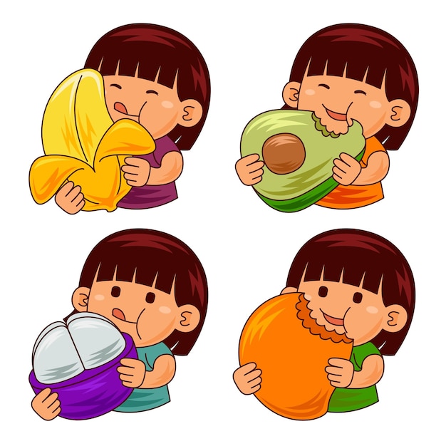 niños bonitos comiendo ilustraciones de frutas