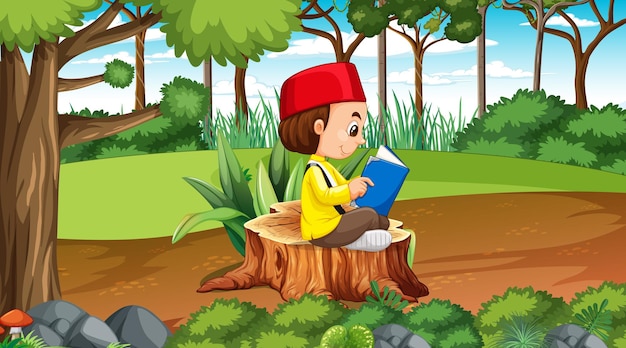 Los niños de Brunei visten ropas tradicionales y leen un libro en el bosque