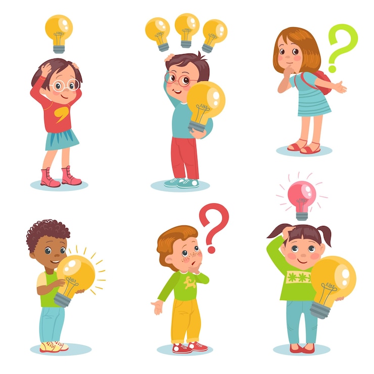 Vector niños en busca de ideas niños pequeños con signos de interrogación y bombillas símbolos de pensamiento lámparas por encima de las cabezas personajes curiosos tormenta de ideas progreso encuentro de soluciones espléndido conjunto vectorial