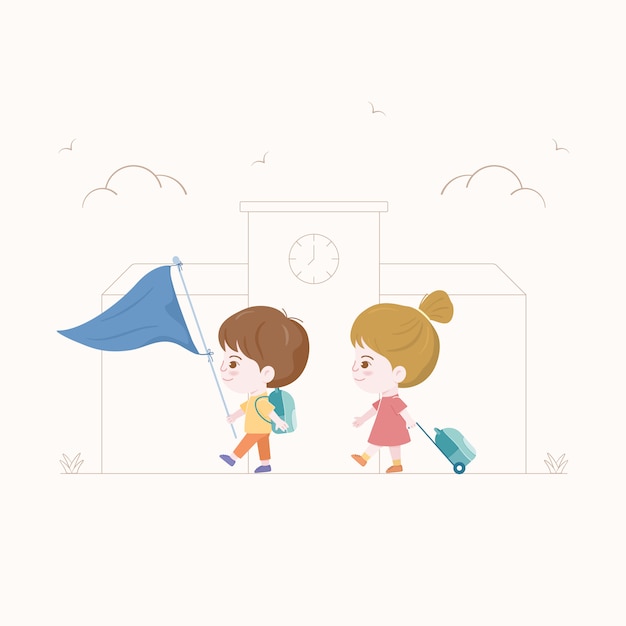 Niños caminando a la escuela. concepto de regreso a la escuela. diseño de personajes de niño y niña.