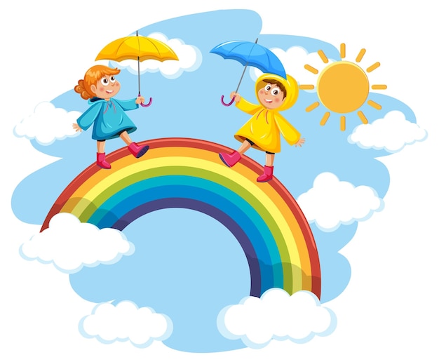 Niños caminando sobre un arcoíris en el cielo