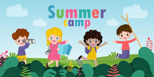 Vector niños en campamento de verano