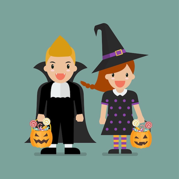 Niños con canasta de calabaza vestidos con disfraces de halloween. fiesta de halloween. ilustración vectorial