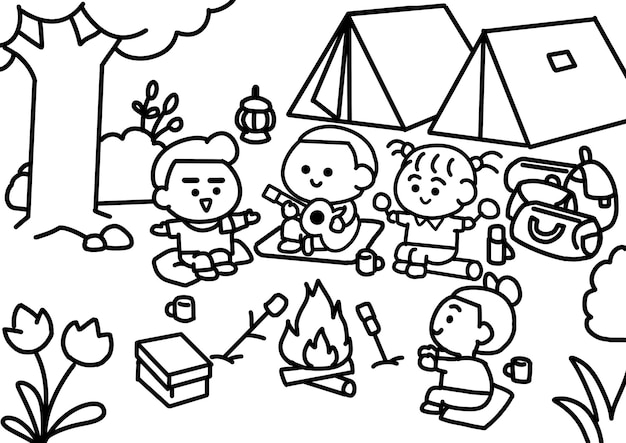 Niños cantando en la fogata páginas de colorear estilo