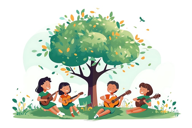 Niños cantando tocando música bajo el árbol