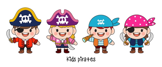 Vector niños, capitán pirata, y, marinero, caracteres, lleno clipart