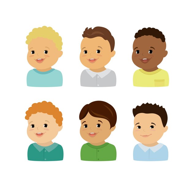 Niños caucásicos y afroamericanos conjunto de caras de diferentes niños de belleza personajes ilustración vectorial