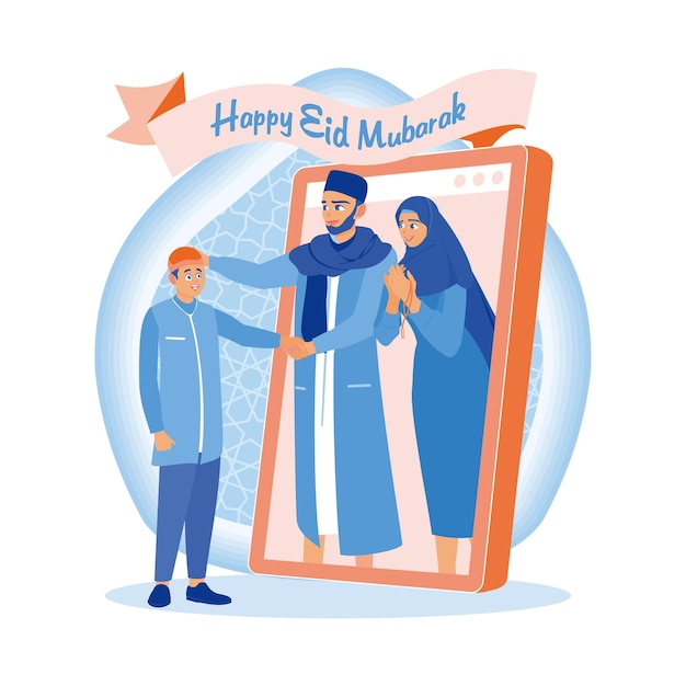 Los niños celebran el Eid en línea Comunicarse y disculparse con los padres en la pantalla del teléfono inteligente Feliz Eid Mubarak concepto Ilustración vectorial plana