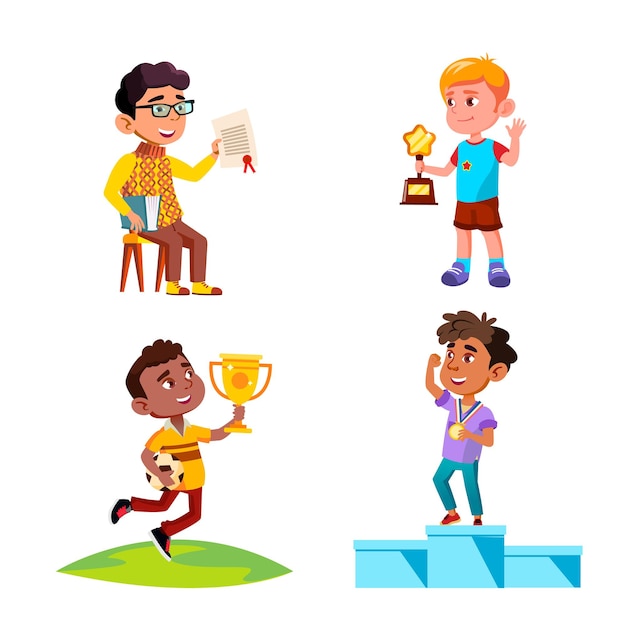 Los niños celebran la victoria con el vector de conjunto de premios. Niños ganadores de pie sobre pedestal con medalla y copa ganada en competición de fútbol, diploma y premio. Personajes planos dibujos animados ilustraciones