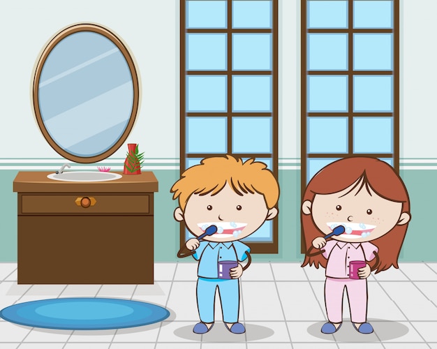 Vector niños cepillarse los dientes por la mañana