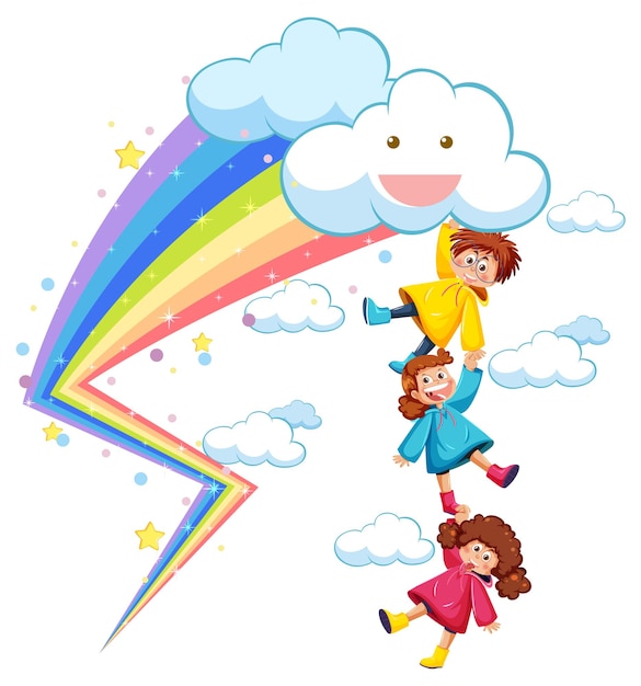 Vector niños en el cielo con arcoiris.