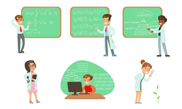 Los niños científicos ponen a niños y niñas en abrigos de laboratorio haciendo investigación científica y escribiendo fórmulas en la ilustración vectorial de pizarra