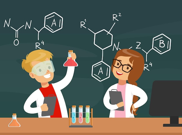Niños Científicos Químicos Personajes experimentando con la mezcla de productos químicos en la lección de química Ilustración vectorial de dibujos animados