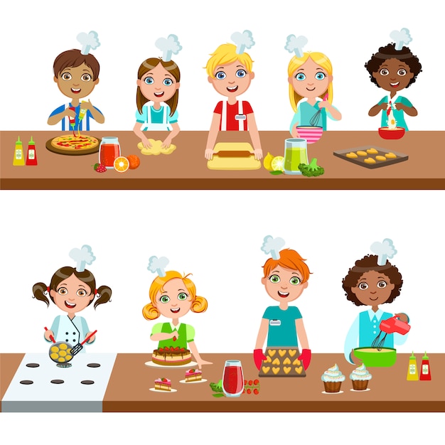 Vector niños en clase de cocina