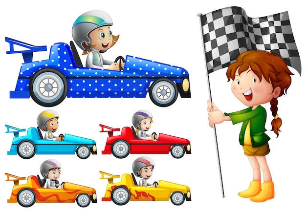 Vector niños en coches de carreras