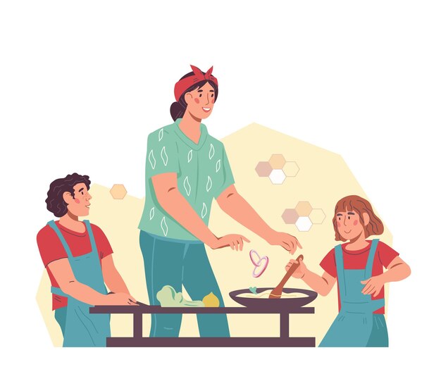 Vector niños cocinando con madre cocinar con mamá una forma de vincularse con los niños